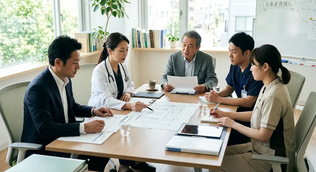 医療連携や運営体制の設計を話し合っているイメージ