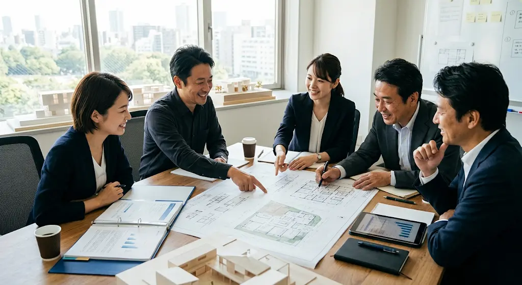 建築や運営体制を具体化しながら協業しているイメージ