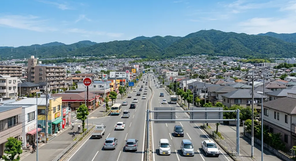 周辺都市とのアクセスを表す道路と街並みのイメージ
