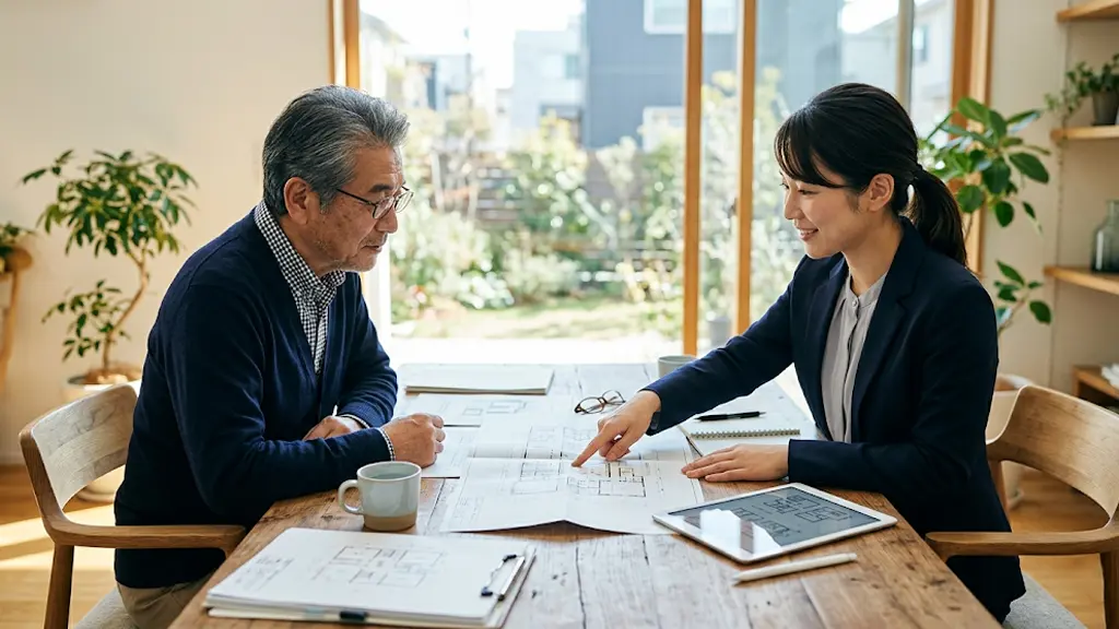 土地オーナーと建築会社が打合せしているイメージ