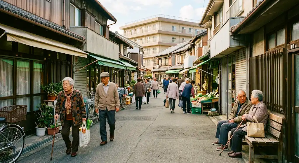 高齢者が多く行き交う地域の商店街と有料老人ホーム需要を表すイメージ