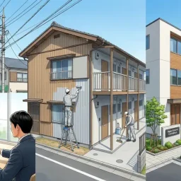 築30年アパートの出口戦略として、売却・修繕継続・建て替えや土地活用を3分割で表現したイメージ