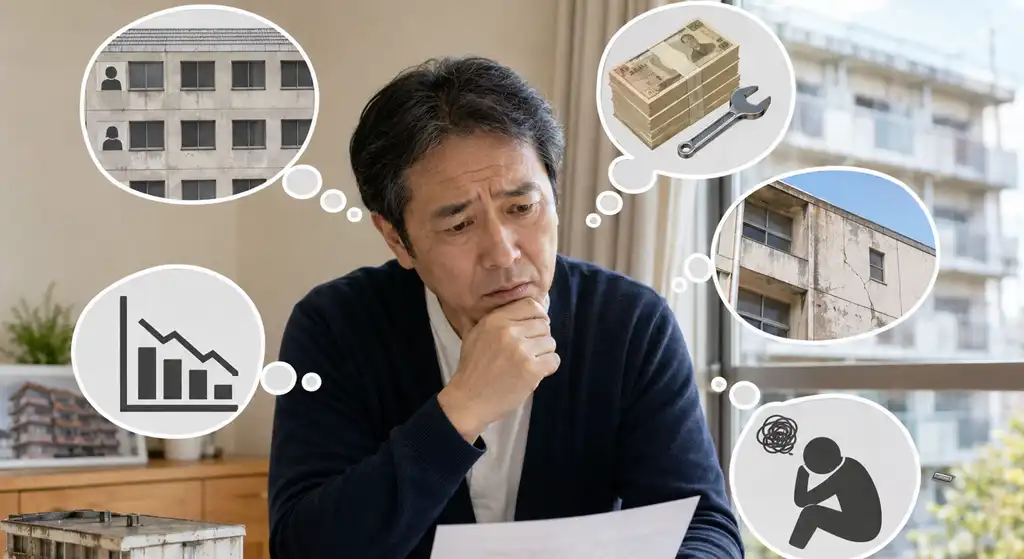 築30年アパートの課題について、空室や修繕費などを思い浮かべながら考えるオーナーのイメージ