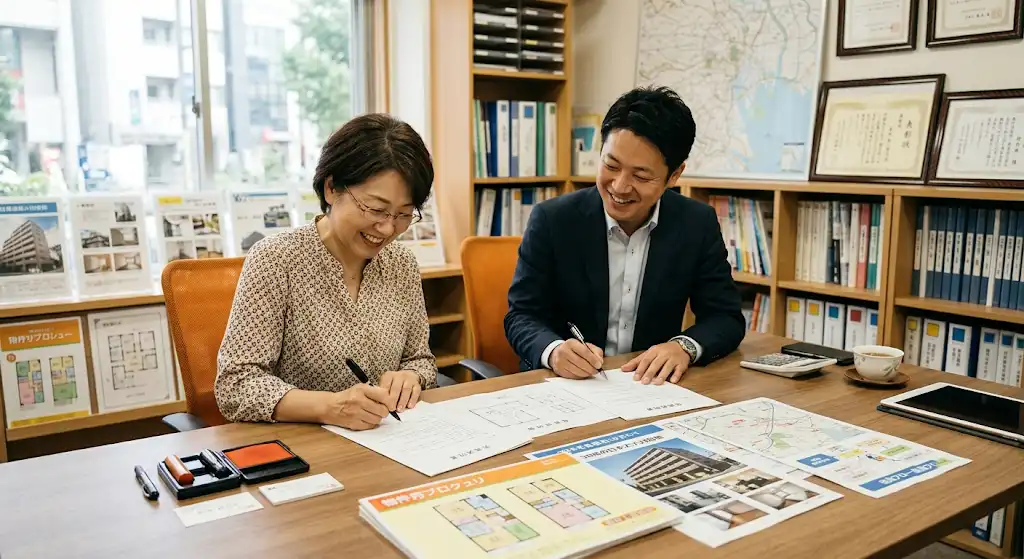 築30年アパートの売却に向けて、不動産会社で売買契約を締結しているイメージ