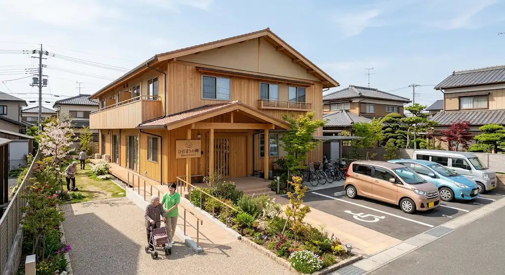 古いアパート解体後の土地に、木造2階建ての福祉施設を建てて活用しているイメージ