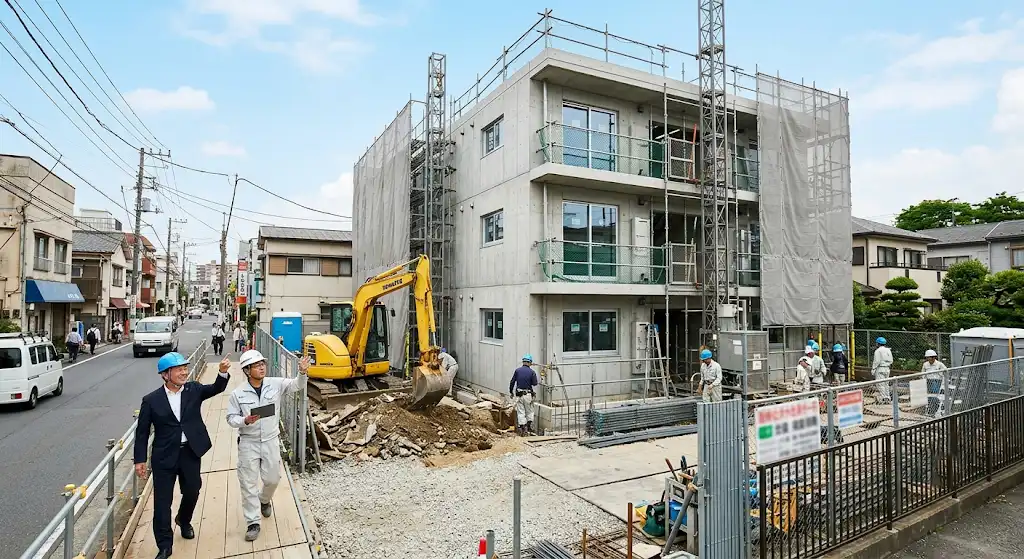 RC3階建て16戸の賃貸住宅へ建て替える工事を進めているイメージ