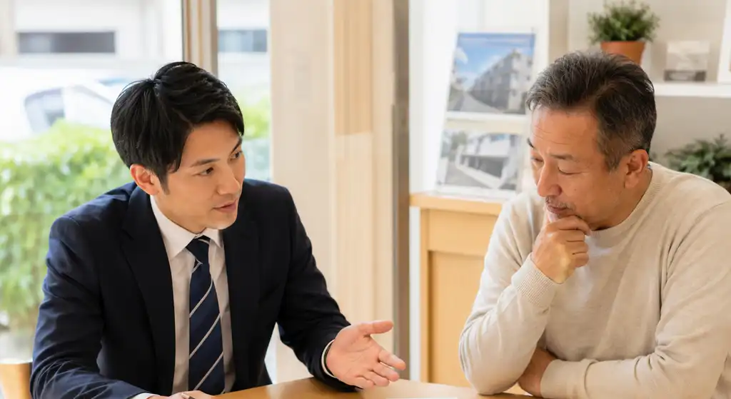 不動産会社と次の土地活用を検討しているイメージ