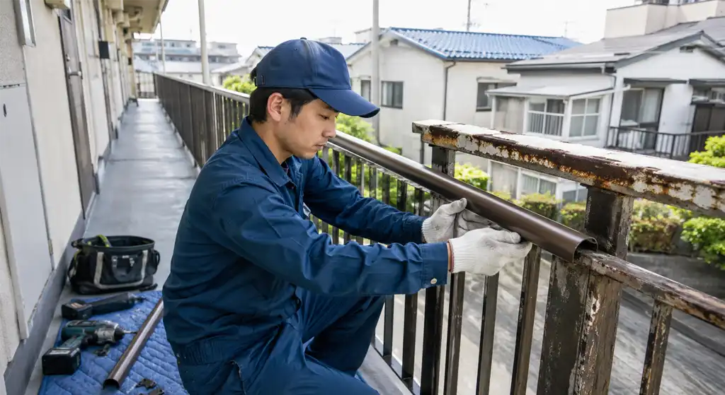 賃貸マンションの老朽化した手すりを作業員が交換している様子