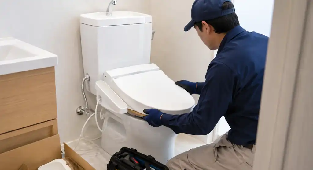 賃貸住宅のトイレにウォシュレットを取り付けている作業員の様子
