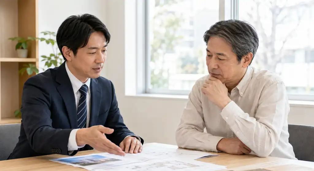 不動産会社の担当者と賃貸マンションオーナーが建物資料を見ながら打合せしている様子