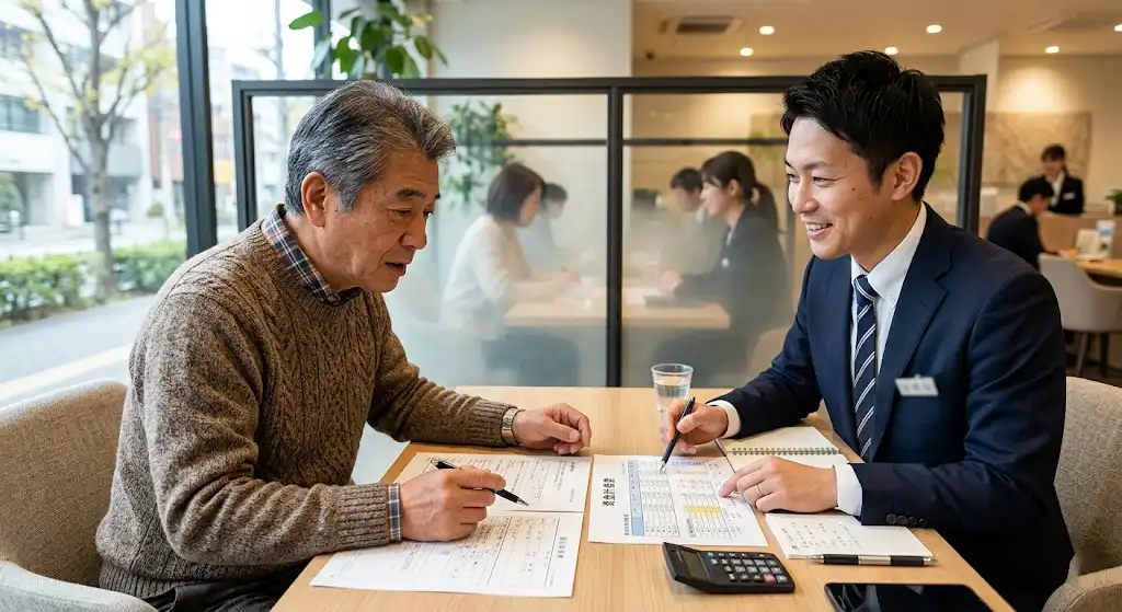 銀行担当者と土地オーナーが融資や借入額について相談しているイメージ