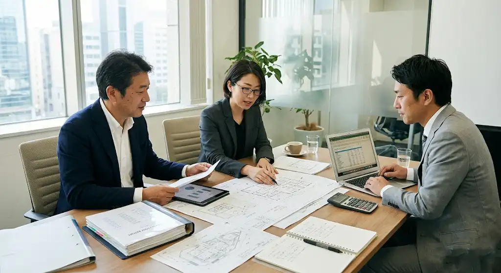 設計会社と不動産会社と土地オーナーが建築計画を相談しているイメージ