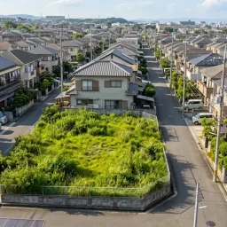 市街地にある緑と住宅が混在した遊休地を俯瞰したイメージ