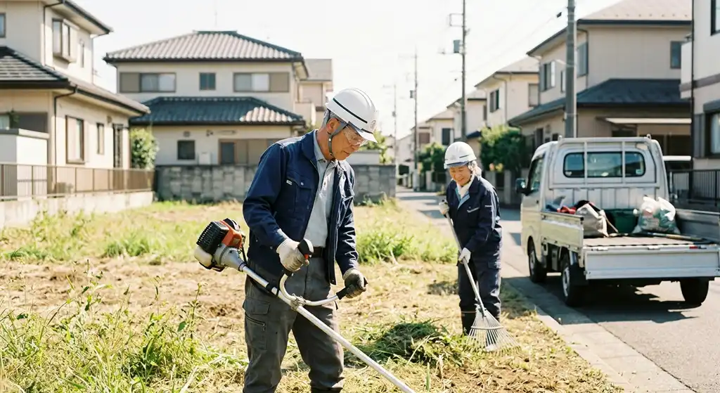 遊休地で草刈り作業を行い維持管理している様子
