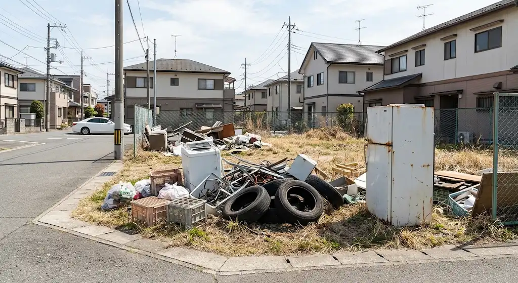 遊休地に冷蔵庫やタイヤが不法投棄されているイメージ