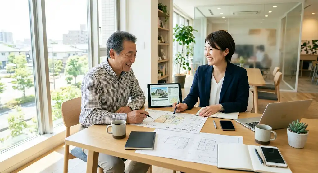 不動産会社と遊休地の所有者が笑顔で相談しているイメージ