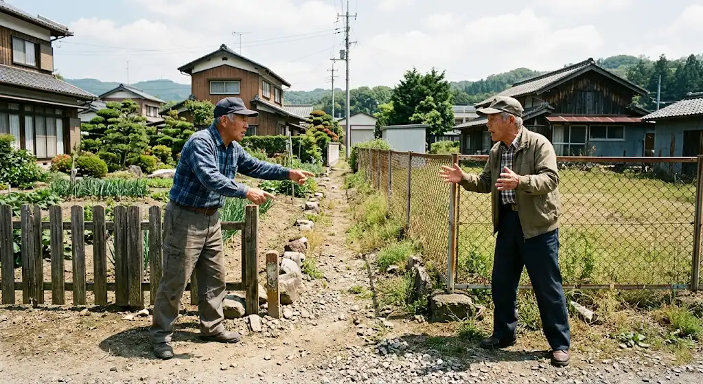 土地の所有権や境界をめぐって、左右の所有者が主張し合っている様子
