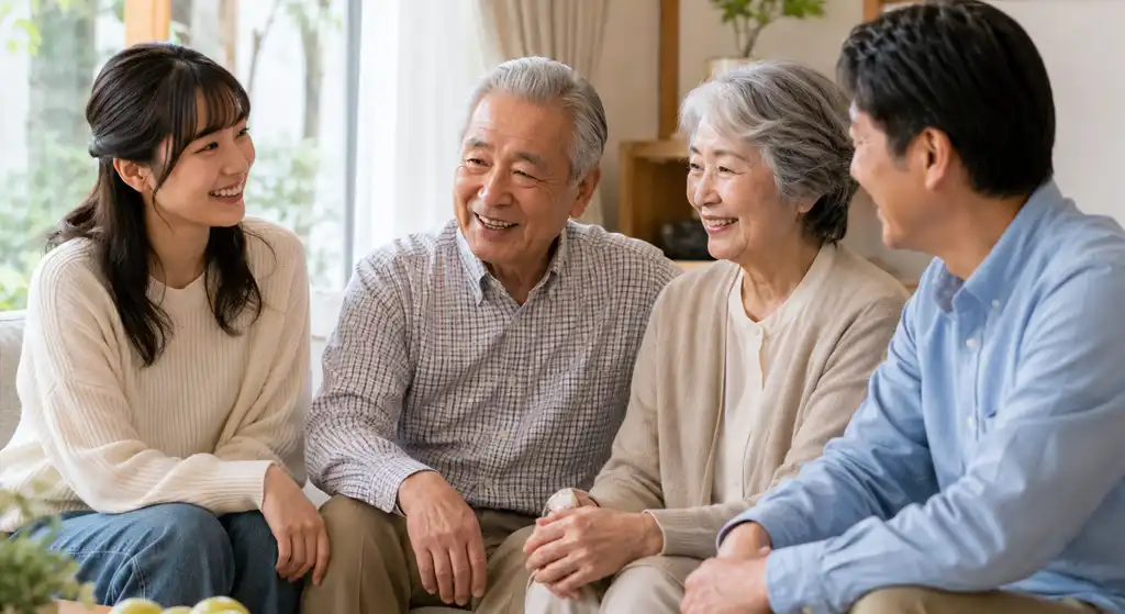 70代の親と50代の子、20代の孫が居間で笑顔で話し合っている様子