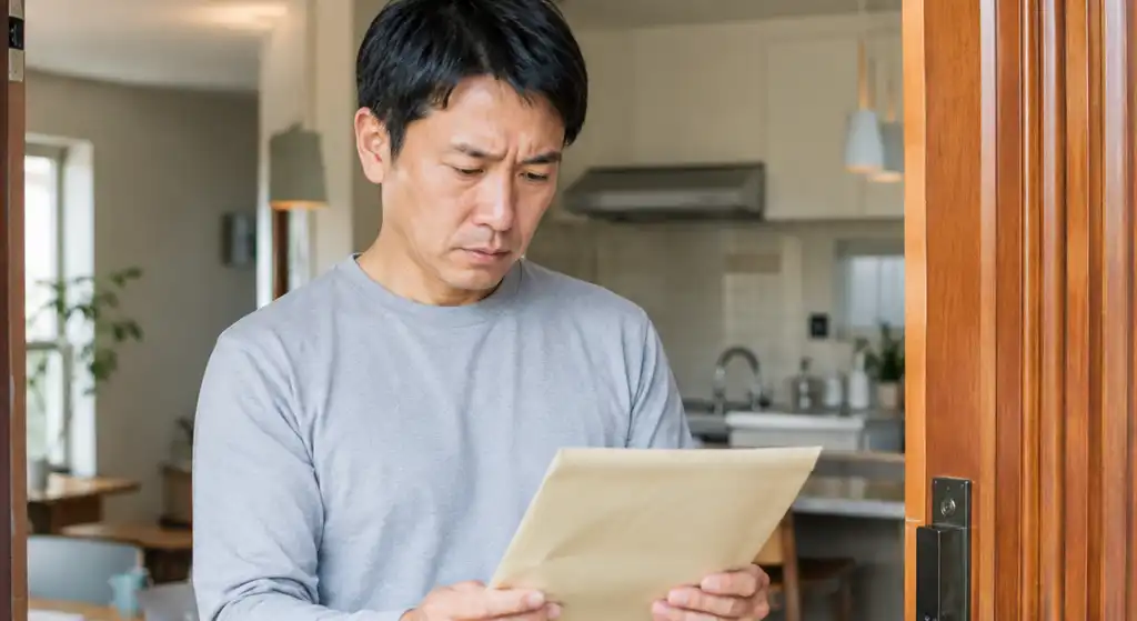 自宅に届いた固定資産税の通知書を確認している様子