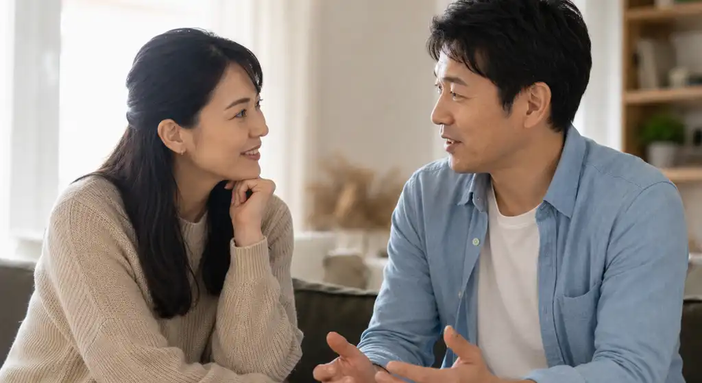 日本人の夫婦が自宅の居間で土地の相続や活用について話し合っている様子