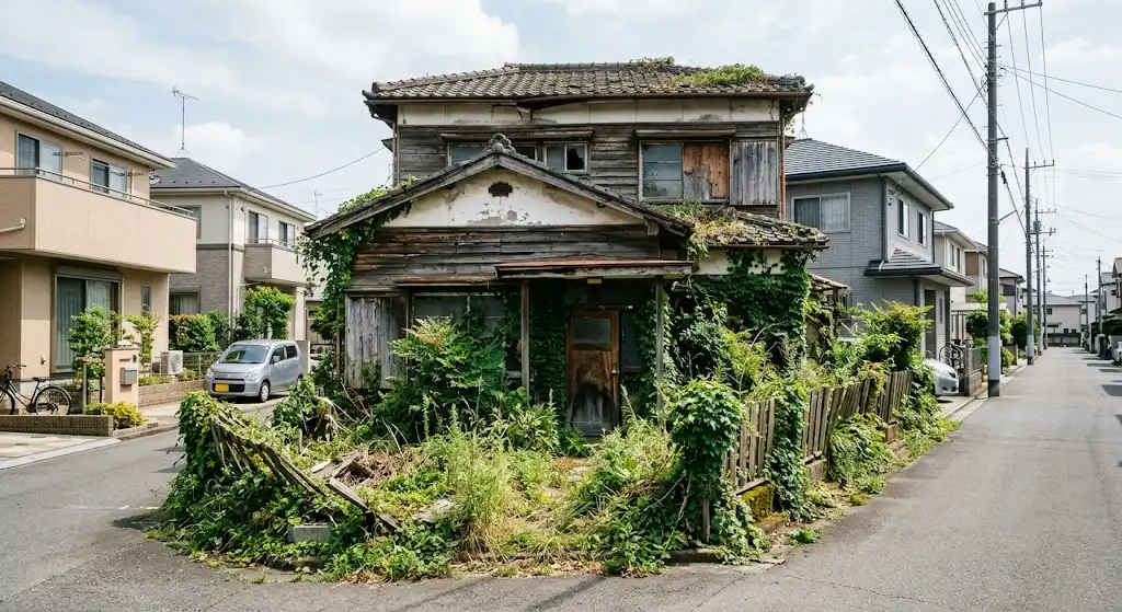 共有名義のまま長年放置され、老朽化した市街地の空き家のイメージ