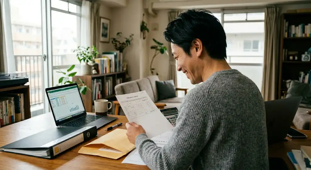 土地の買取見積を見て思ったより高く売れそうだと喜んでいるイメージ