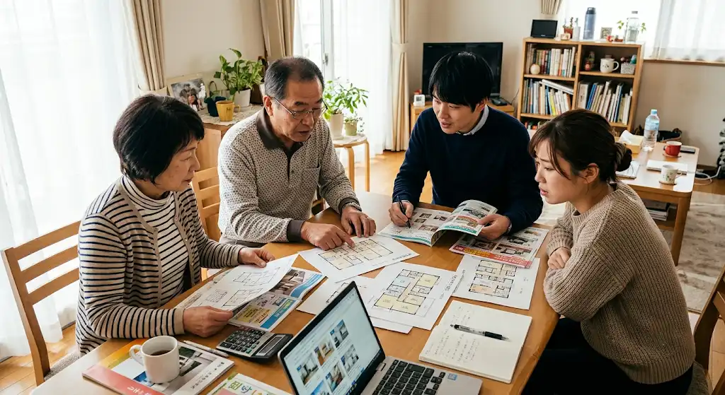 家族で賃貸マンションの図面を見ながら土地活用を検討しているイメージ