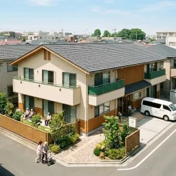 相続した土地に建てられた2階建ての老人ホームを少し俯瞰で見たイメージ