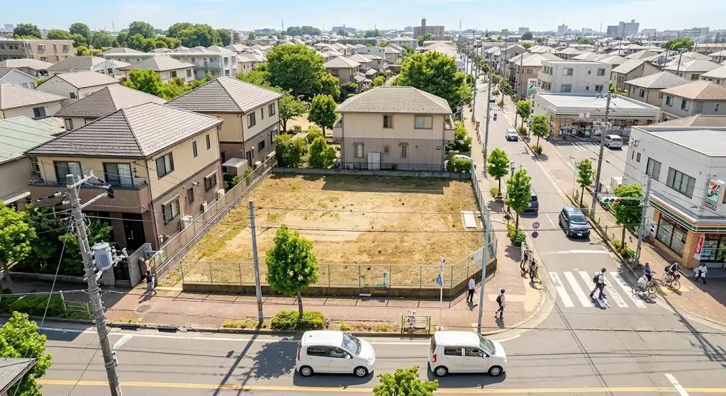 住宅地や生活圏に近い市街地の土地を少し俯瞰で見たイメージ