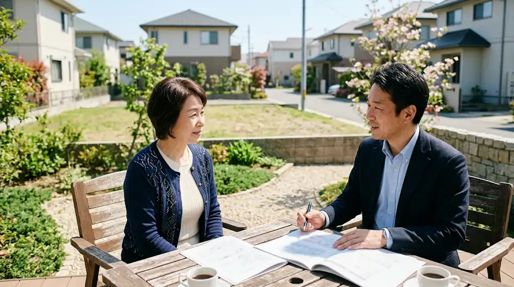 相続した土地の売却について不動産関係者と相談している様子