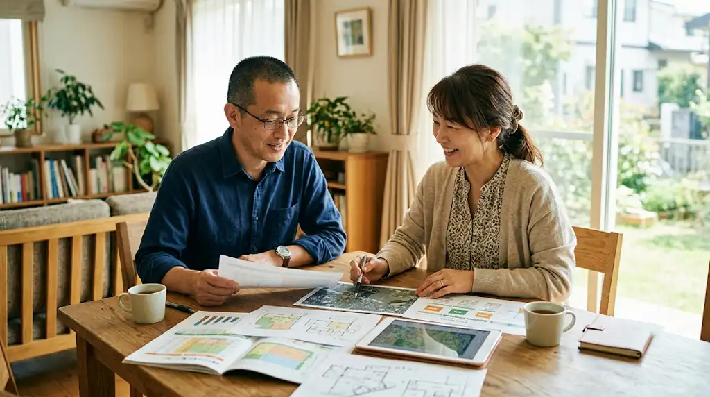 夫婦がテーブルで相続した土地の売却と活用を比較検討している様子