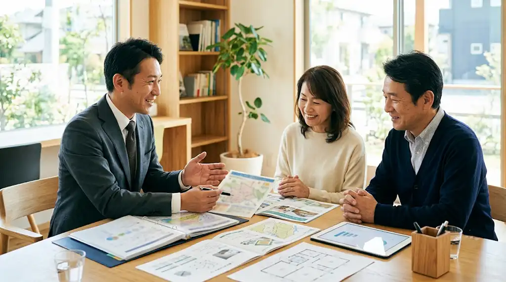 不動産業者と夫婦が相続した土地の売却や活用について相談している様子