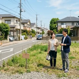 住宅地の相続した土地を40代夫婦が下見している様子