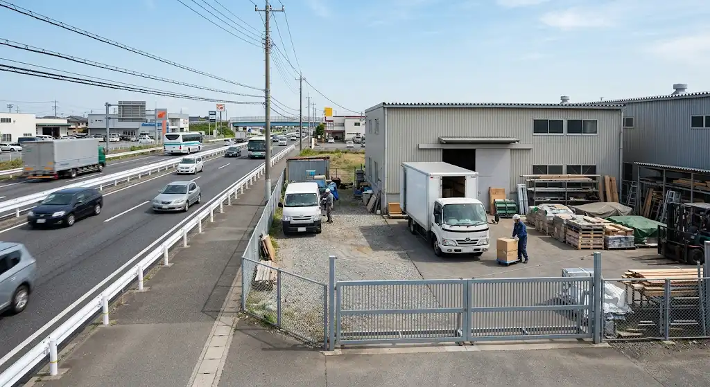幹線道路沿いの土地を倉庫や事業用地として活用している様子