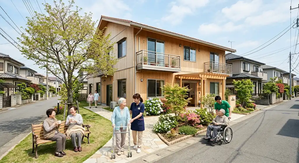 住宅街で2階建て木造の有料老人ホームを運用しているイメージ
