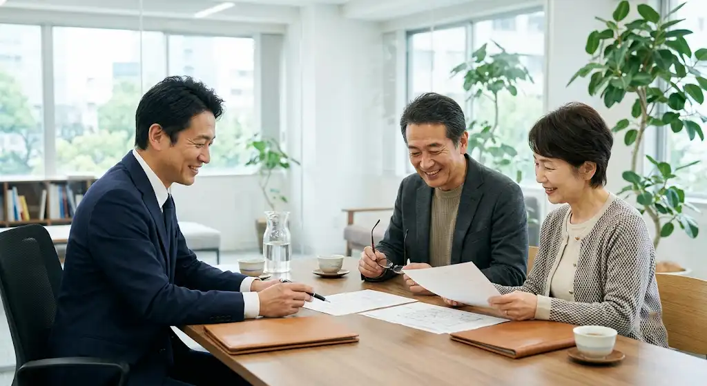 不動産会社で土地売却の契約を進めているイメージ