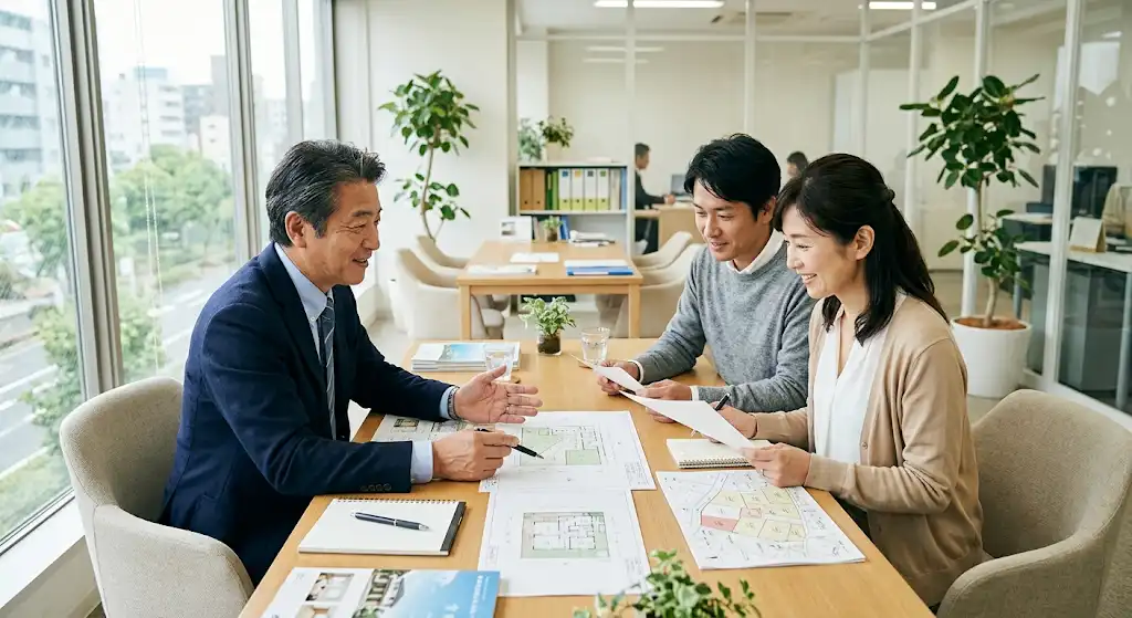 低層住宅街の中で有料老人ホームとして土地活用されているイメージ