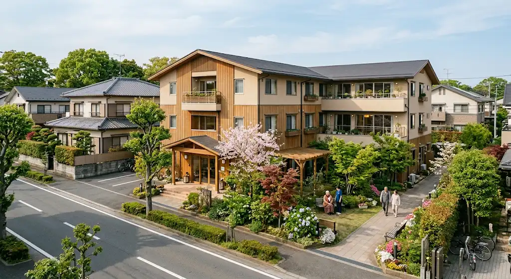 低層住宅街の中で有料老人ホームとして土地活用されているイメージ