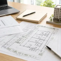 設計図と、キャッシュフロー、建物の運用計画のイメージ