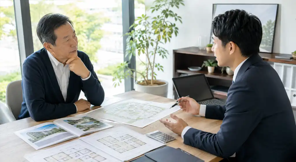 建築費高騰時代の土地活用は「建てる前の戦略」が重要 不動産会社と土地オーナーの打合せのイメージ