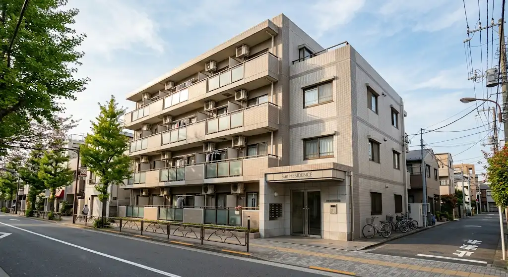 道路から見上げた賃貸マンションの外観イメージ