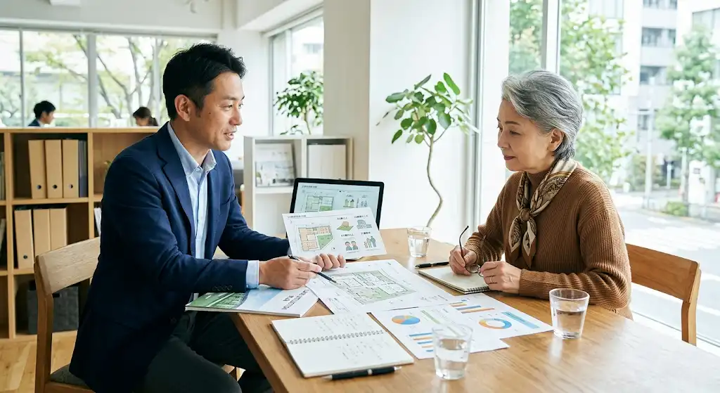 不動産会社と土地オーナーが土地活用について打合せしているイメージ