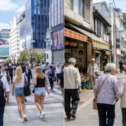大阪市の活気ある市街地と、大阪市外の高齢化が進む商店街を対比して表現したイメージ
