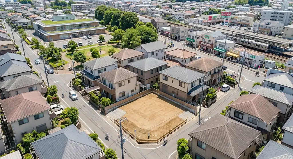 スーパーや駅、公共施設に近い住宅地の中にある更地を俯瞰して見たイメージ