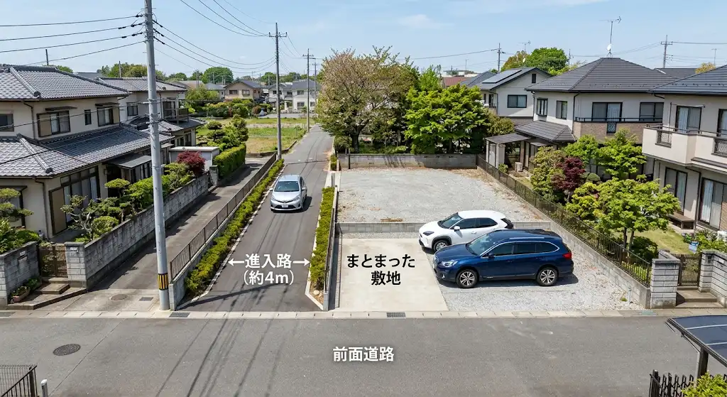 車両の出入りがしやすい旗竿地を俯瞰して見たイメージ