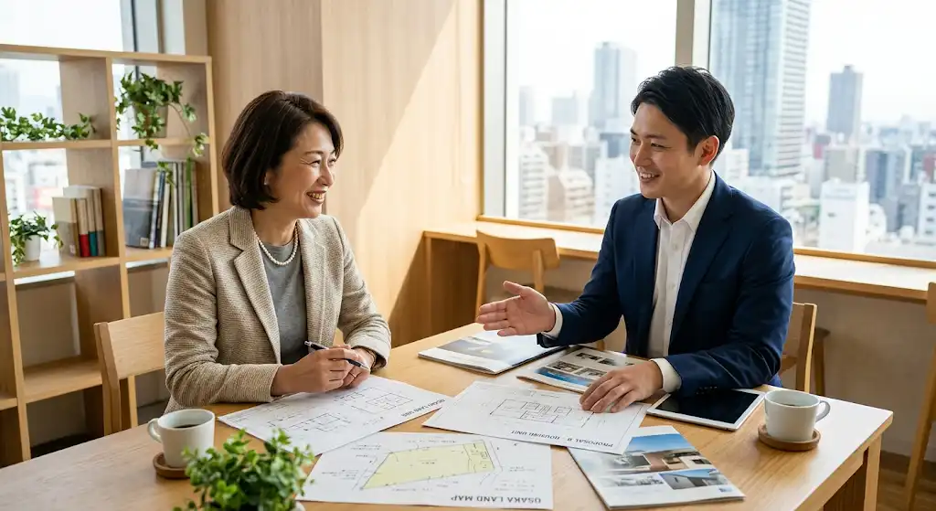 不動産会社の担当者と50代女性の土地オーナーが土地活用について打合せしているイメージ