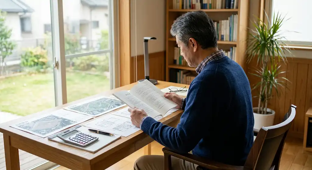 土地活用の契約書を確認しながら契約形態を検討するオーナーの後ろ姿