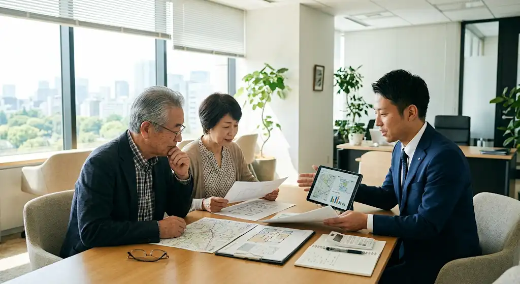 不動産会社の担当者と土地建物オーナーが土地活用について打合せしているイメージ