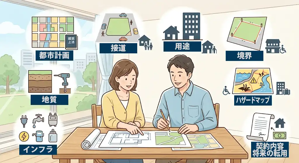 住宅・福祉施設・宿泊施設の土地購入で確認する7つのポイントを検討するイラスト