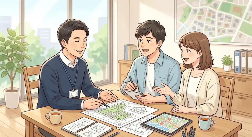 不動産会社の事務所で土地購入について質問する買主と説明する担当者のイラスト